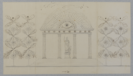 32696 Afbeelding van de vuurwerktempel met het beeld van Pallas Athene op de Nieuwe Baan (aan het eind van de ...